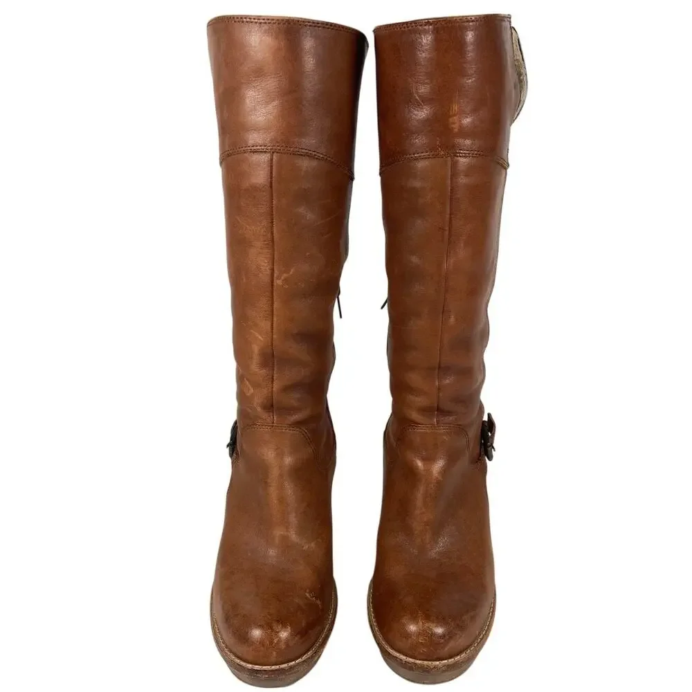 Ugg Wedge Boots Brown Leather Sheepskin Lining Women's Size 9.5